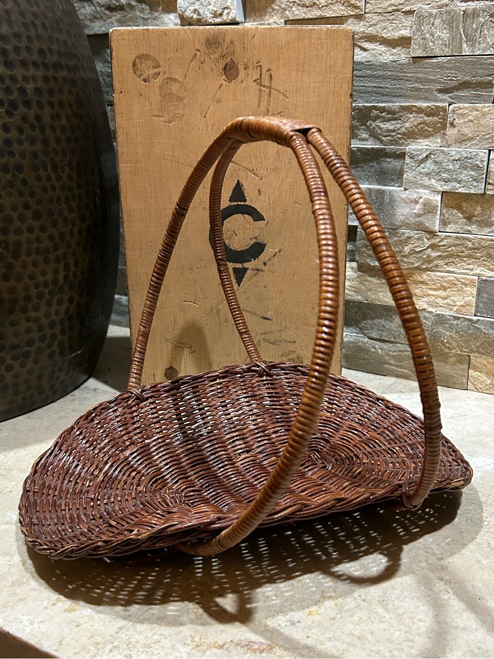 vintage half-moon wicker flower gathering basket